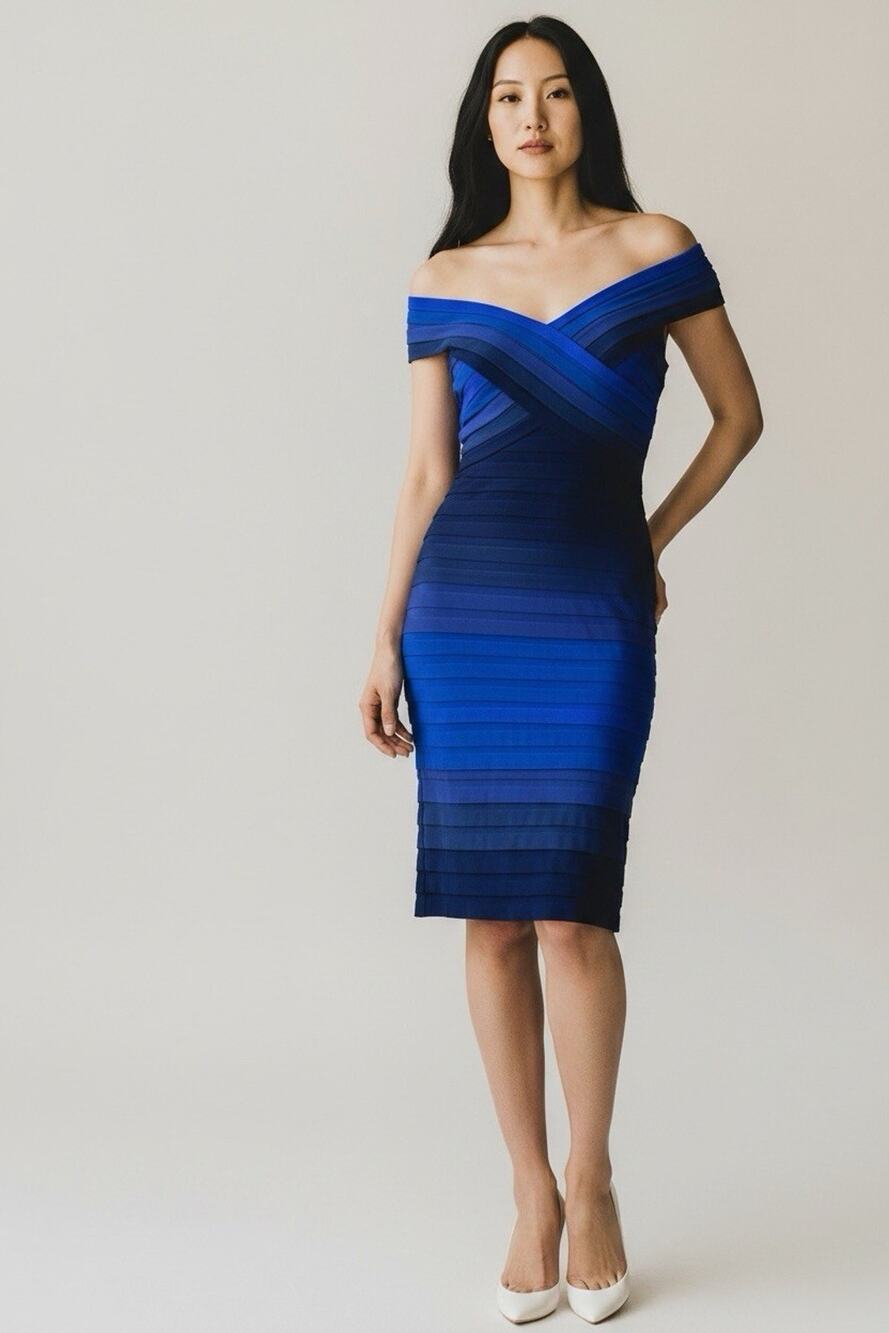 TADASHI SHOJI Blue Ombré Sheath Style Dress Large Bodycon